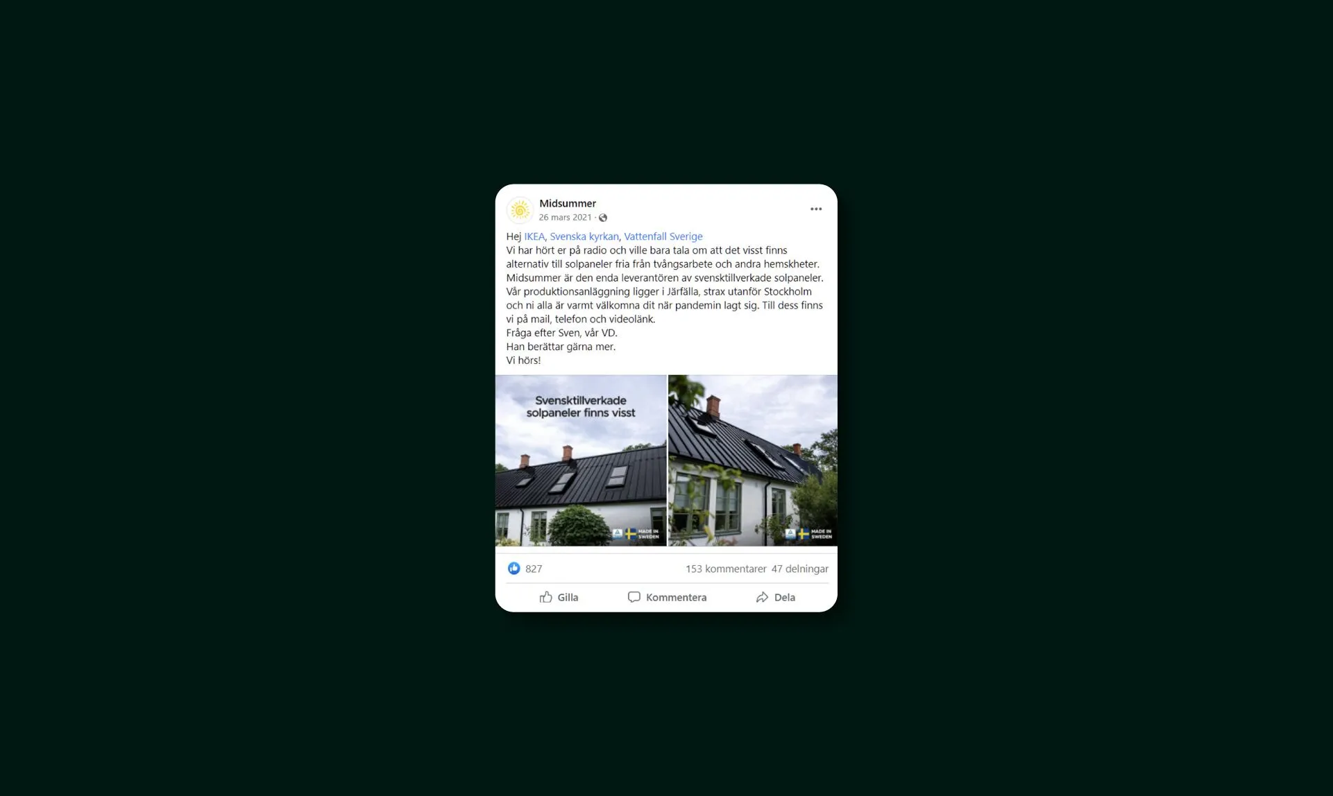 Facebook inlägg som handlar om att det finns svenska solceller.