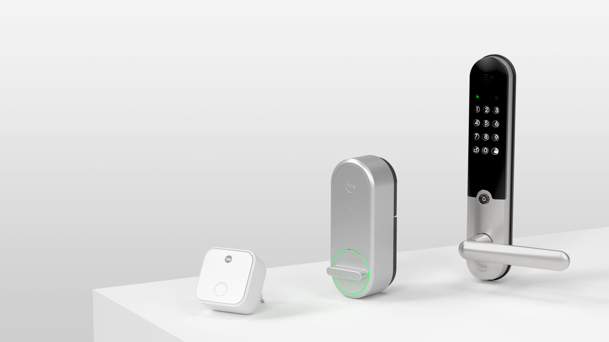 3D renderad produktbild som visar de tre olika huvuddelarna i Yale dörrlåset