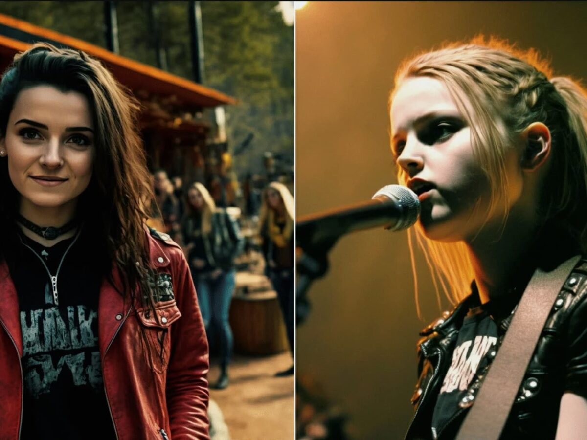 Två AI-genererad bilder. En på en besökande kvinna på en rockfestival. Den andra visar en kvinna som sjunger på scenen.