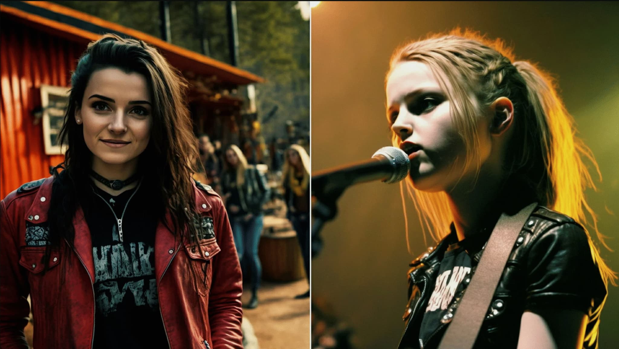 Två AI-genererad bilder. En på en besökande kvinna på en rockfestival. Den andra visar en kvinna som sjunger på scenen.