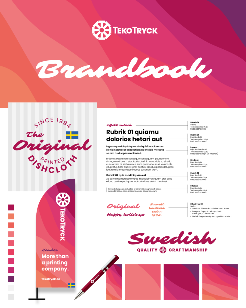 Brandbook för TekoTryck som visar guidlines för profilen samt implementering på en flagga.
