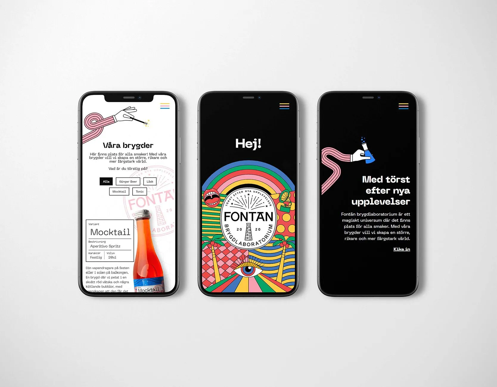3 smartphone som ligger jämte varandra som visar Fonänts nya webbplats på mobilvyn