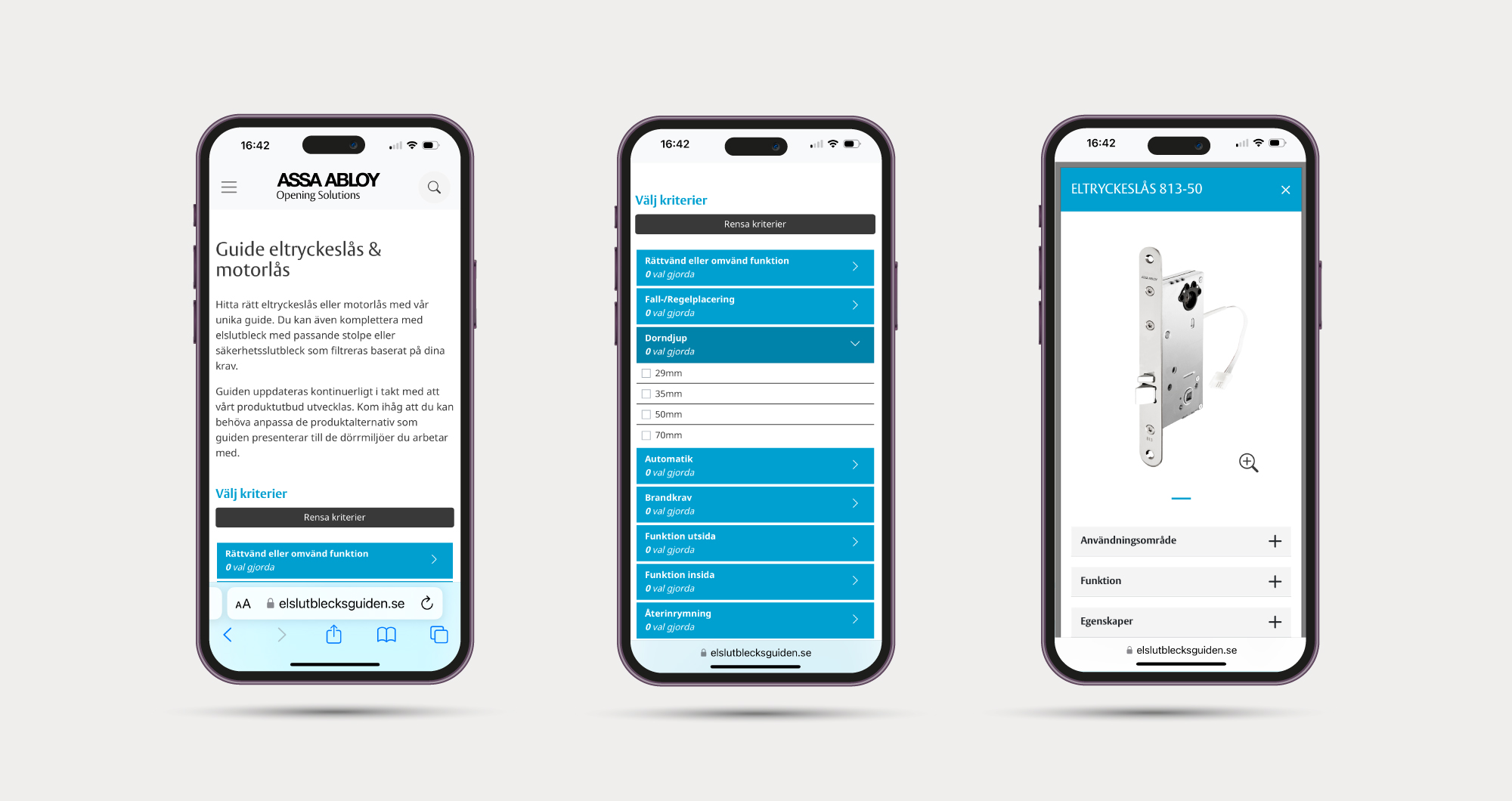 Tre skärmdumpar av eltryckslåsguide och montering via 3 smartphones