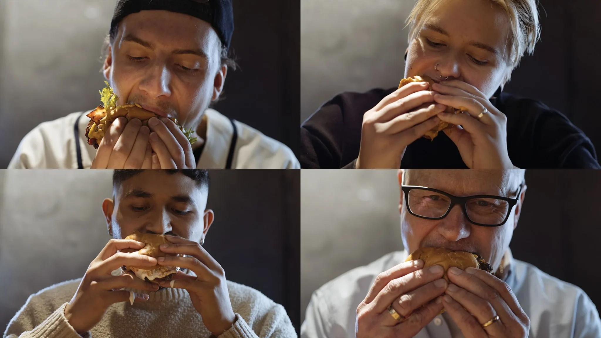 4 bilder på personer som tar enstor tugga av en hamburgare från Shady Burgers
