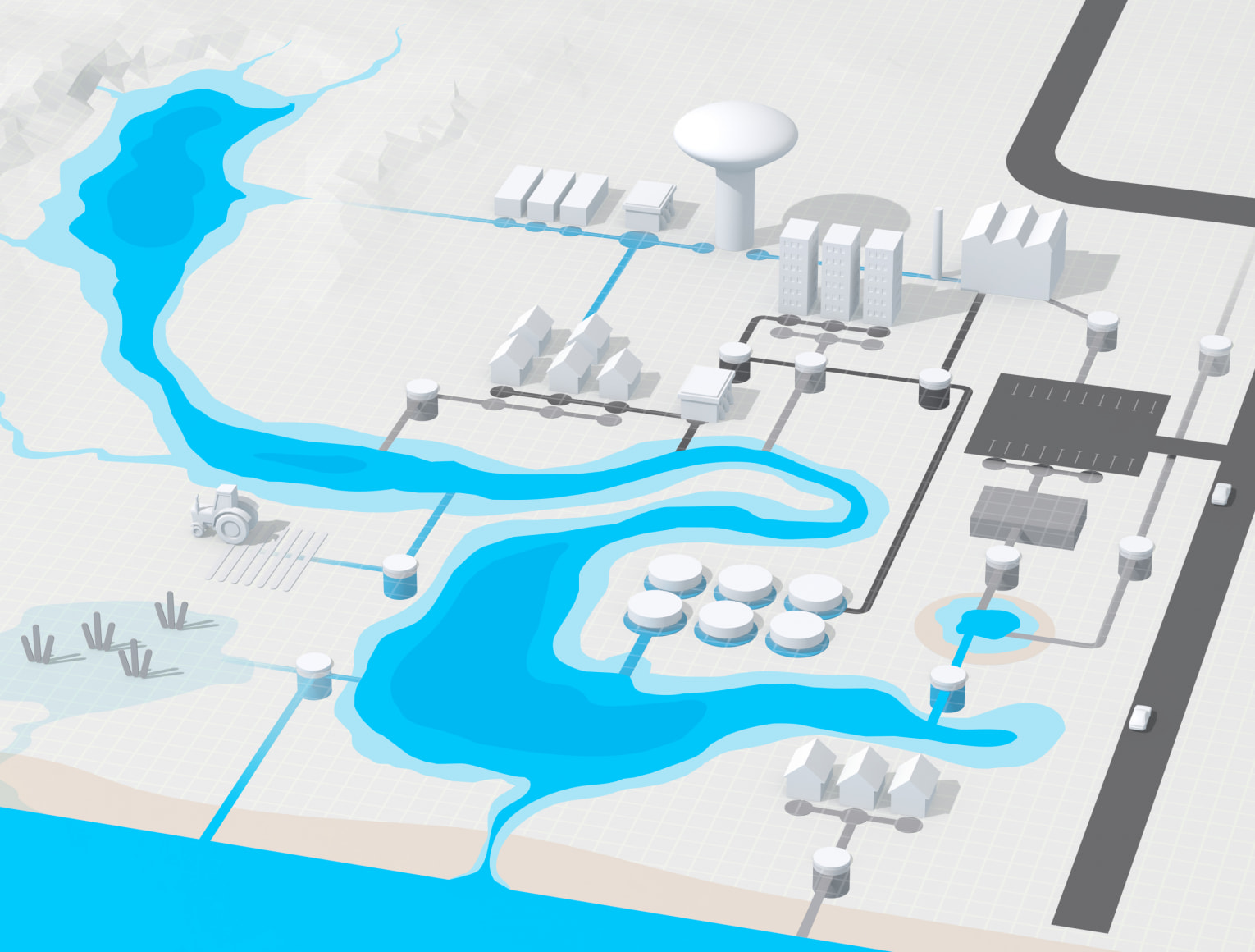 3D visualisering av en stad i minimalistisk stil