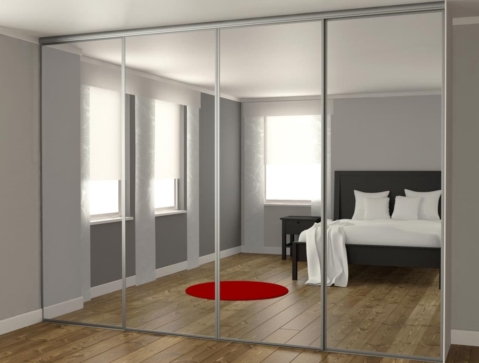 3D visualisering av en graderob med helspelgar. I spegeln kan man se ett sovrum.