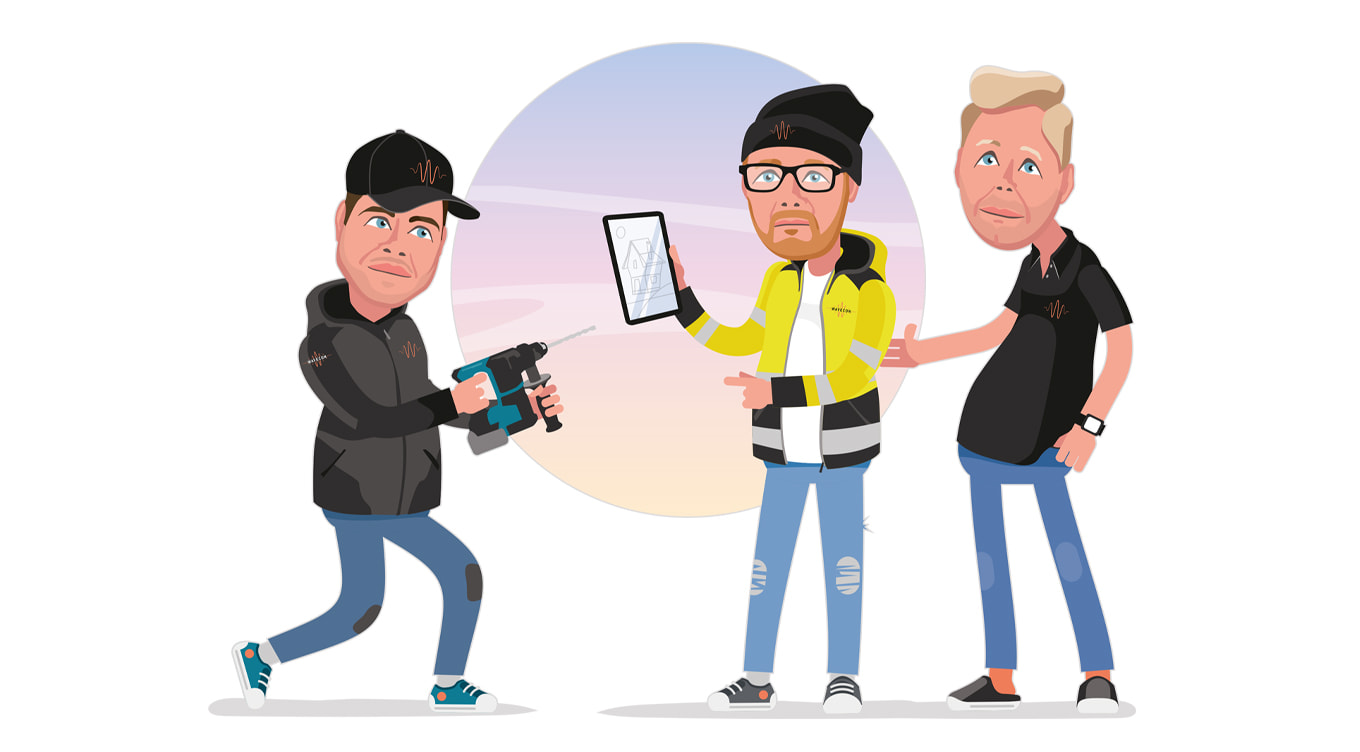 En illustration med 3 personer. En håller en borrmaskin och en annan en surfplatta.